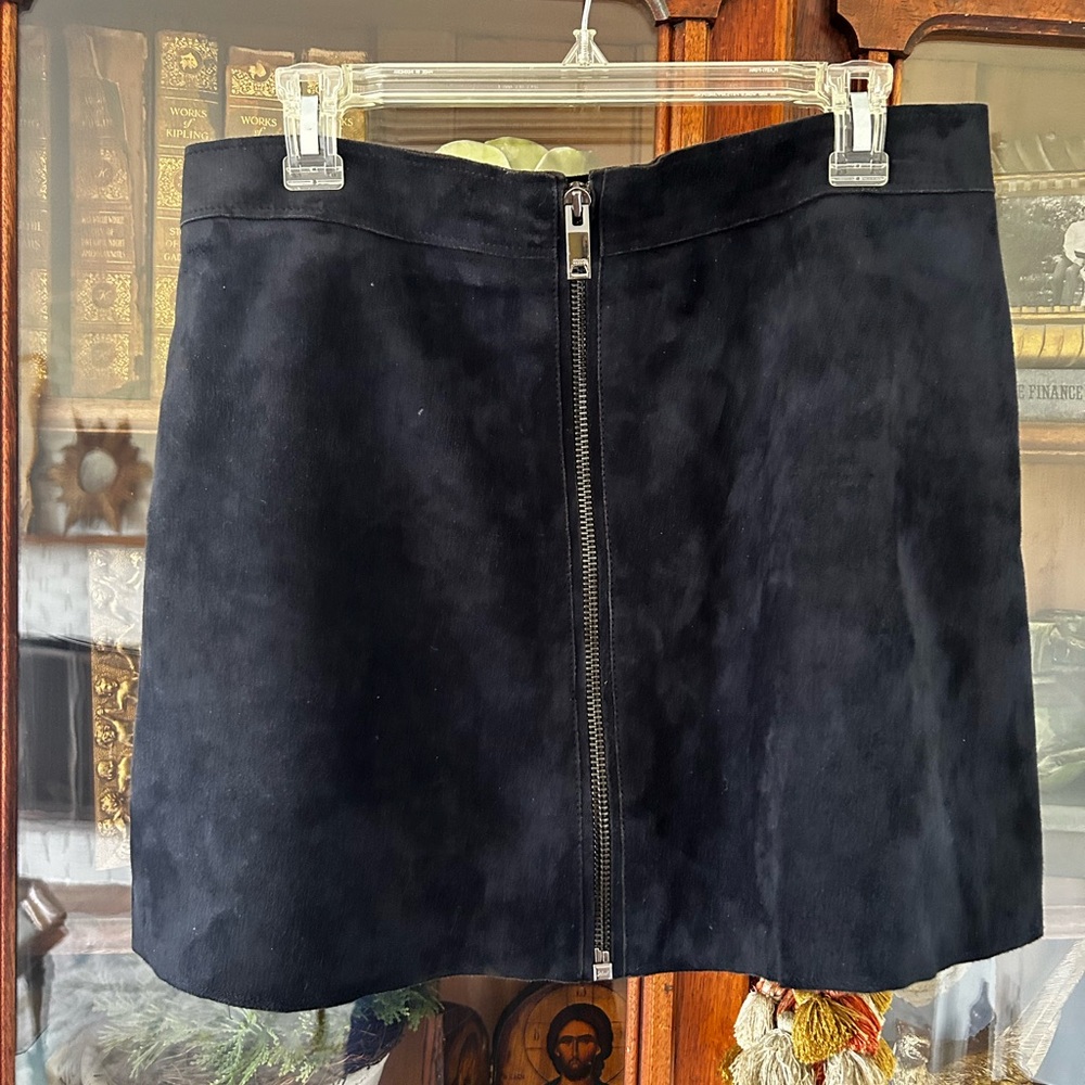 Reiss Navy Suede Felicity Front-Zip Mini Skirt Sz 10 100% Goat Leather